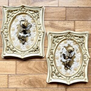 2pc VTG 60s MCM Burwood Homco 3D Gold Lace Angel Cherub Plastic Wall Decor 13x11